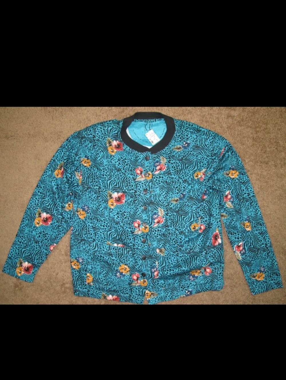 Carol Little Vintage 90's Padded Button Up Blouse Blue Floral Women's Size L